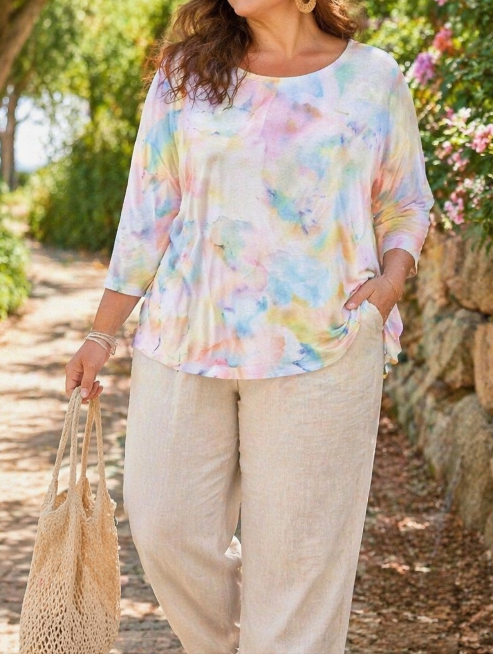 Kim & Co Pastel Multicolor Watercolor Print 3/4 Sleeve Knit Top | Soft Stretch